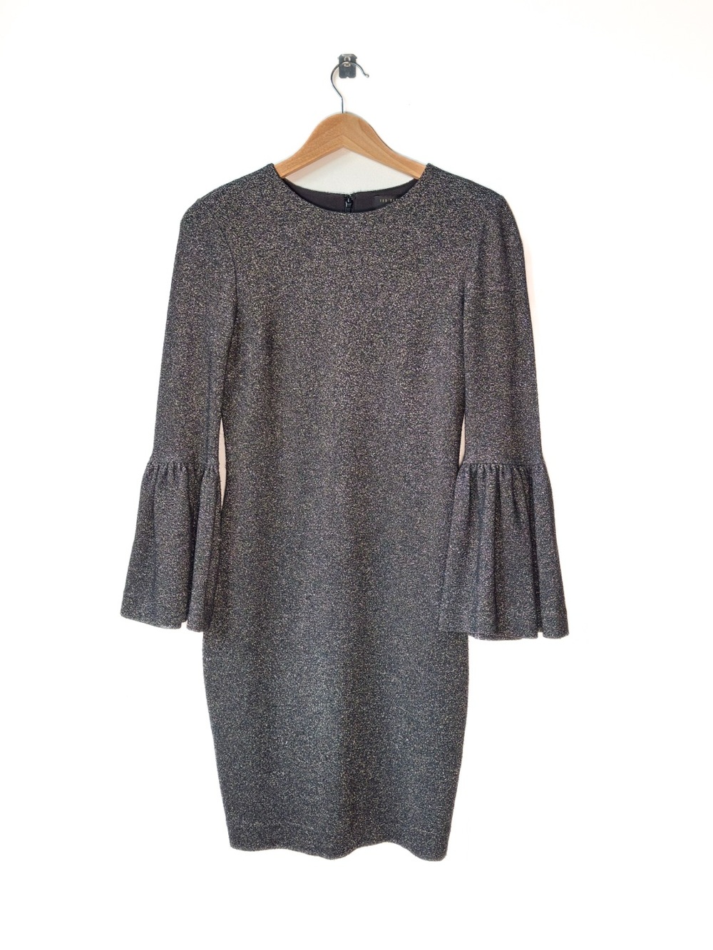 Ted Baker - Hanneh Metallic Gray Bell-Sleeve Sheath Midi Cocktail Dress